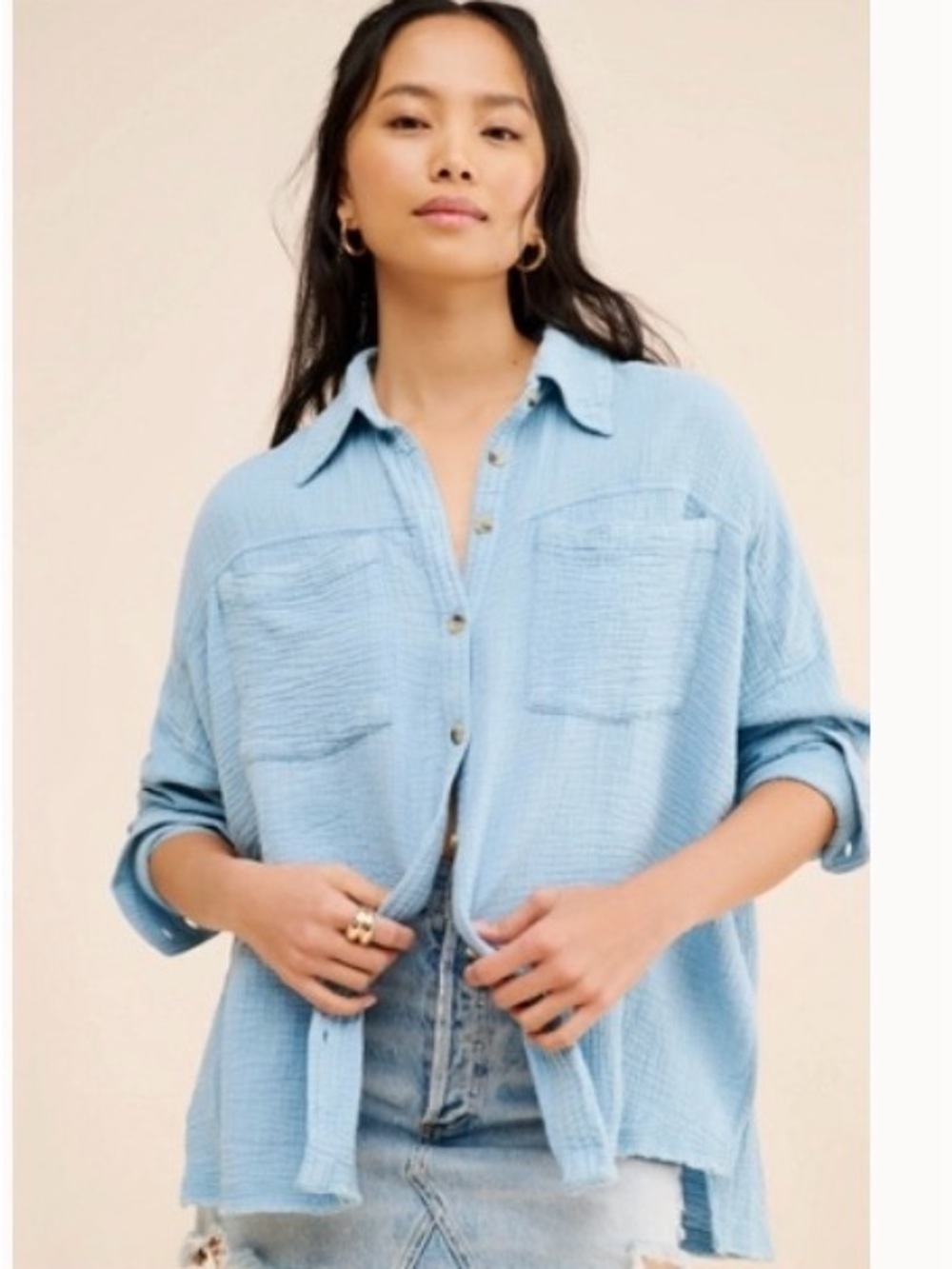 We the Free Cardiff Gauze Button Down - Dusty Blue Size Small